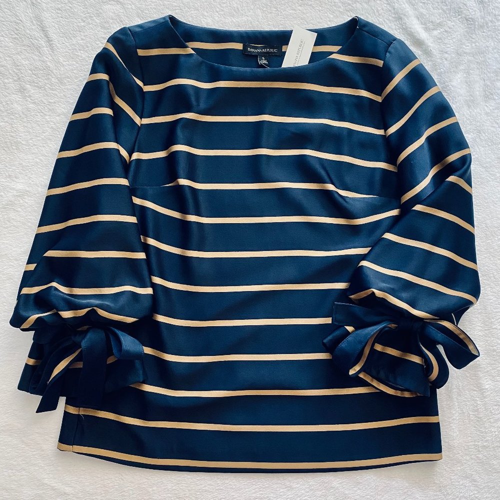 NEW Banana Republic Women's Striped Long Sleeve Tie-Cuff Blue Gold Blouse size S
